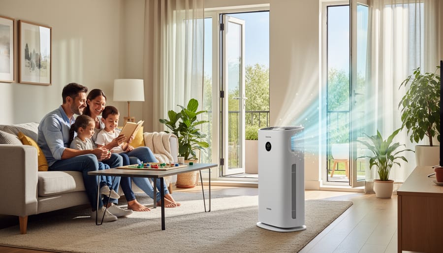Modern HEPA air purifier operating in family living room with natural lighting