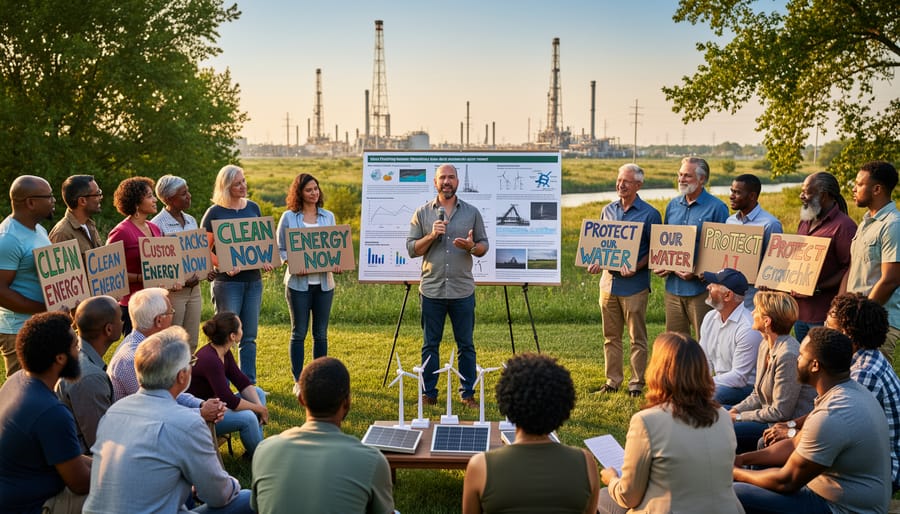 Diverse community members gathering for environmental advocacy in residential neighborhood