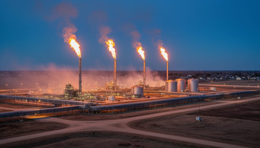 Gas flare burning at fracking site during twilight