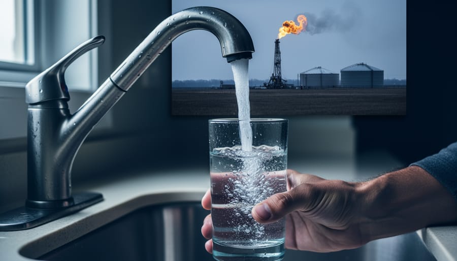 Close-up of a hand holding a glass under a kitchen faucet with slightly cloudy water pouring in, with a blurred fracking rig, flare, and storage tanks visible outside in a rural yard.