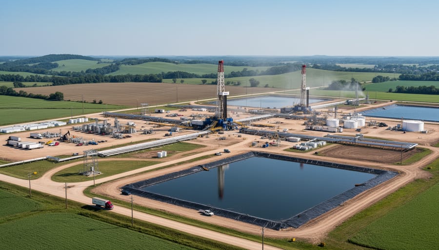 Industrial fracking wellhead equipment in rural setting