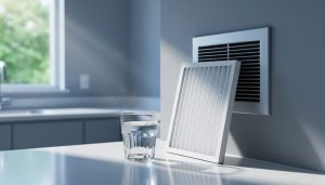 Eye-level view of a modern home showing a clear glass of tap water on a counter next to a clean pleated HVAC filter by a wall return grille, with soft daylight and faint dust motes and a blurred kitchen and window plants behind.
