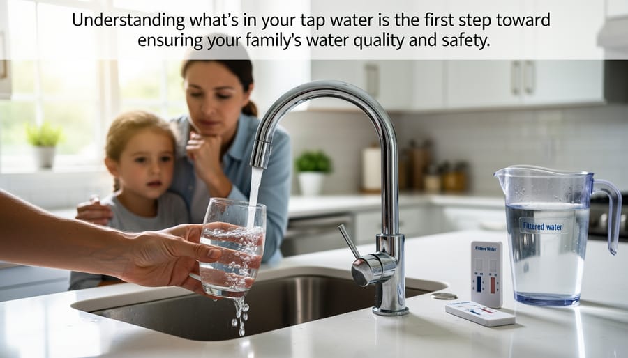 Clean tap water being poured from kitchen faucet into drinking glass