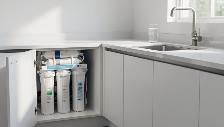 Under-sink water filtration system installed in kitchen cabinet showing filters and connections