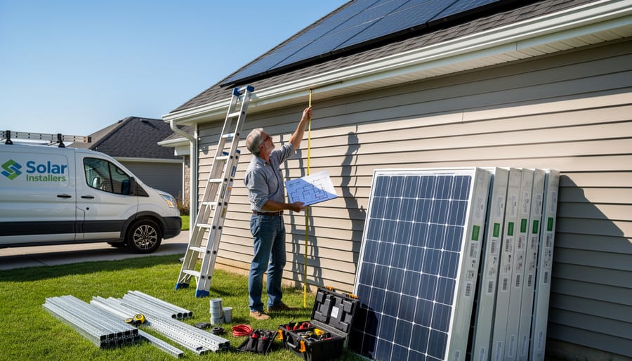 Person holding solar installation measurement equipment in a bright Ontario garage