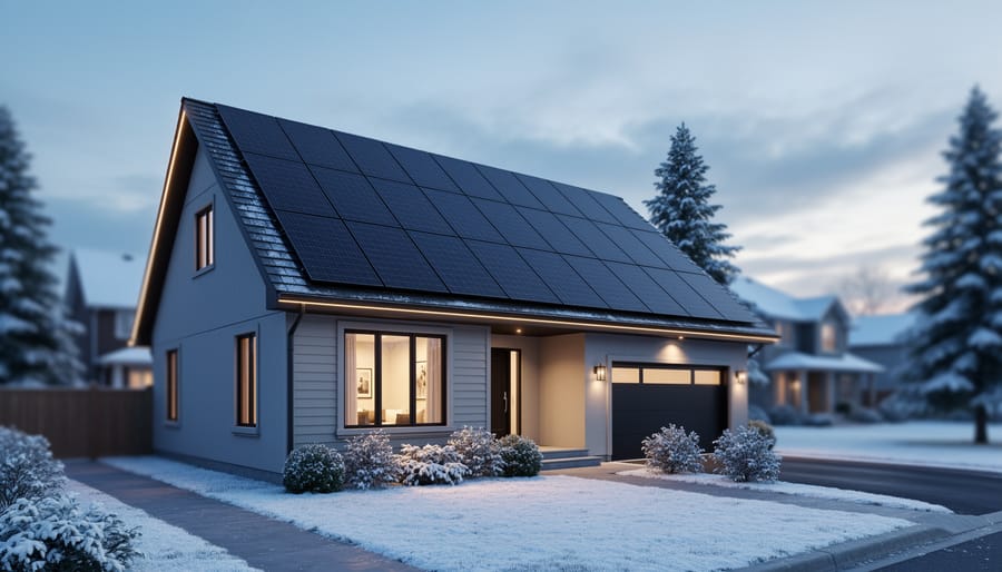 Rooftop solar panels on a modern Ontario home with a light winter landscape and dusk sky in the background