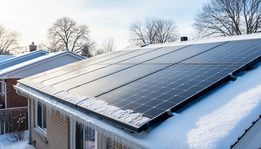 Solar panels on a snowy Ontario roof with ice and snow on the panel surface