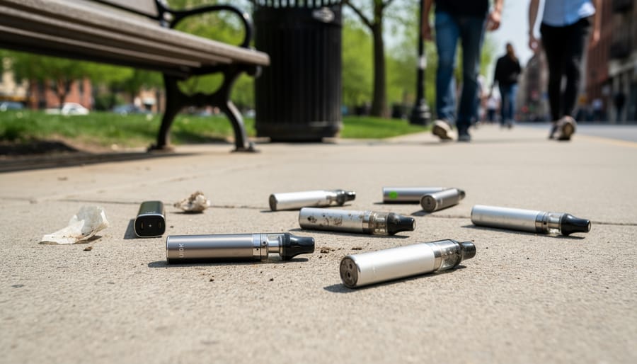 Discarded vape devices and cartridges scattered near a curb on cracked pavement