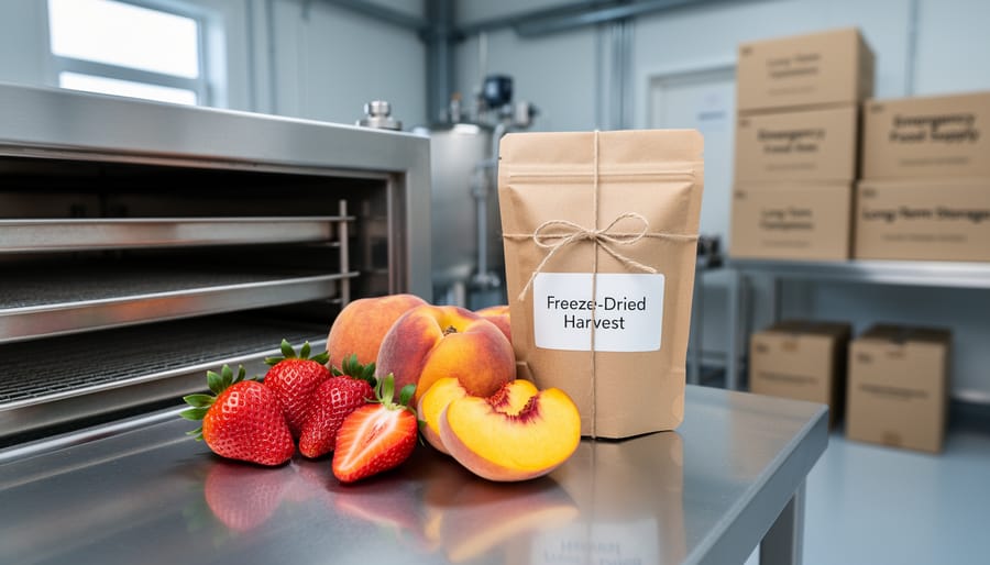 Stainless-steel freeze dryer equipment with fresh strawberries and peaches in the foreground and freeze-dried food packages in a modern facility setting.