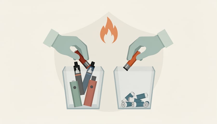 Gloved hands placing a vape device and battery into a sealed container for safe disposal