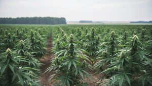 Green hemp plants growing in a Canadian farmland field under soft overcast daylight, with a distant treeline blurred in the background.