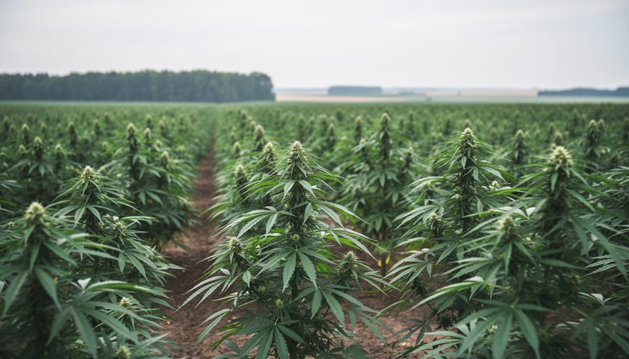 Green hemp plants growing in a Canadian farmland field under soft overcast daylight, with a distant treeline blurred in the background.