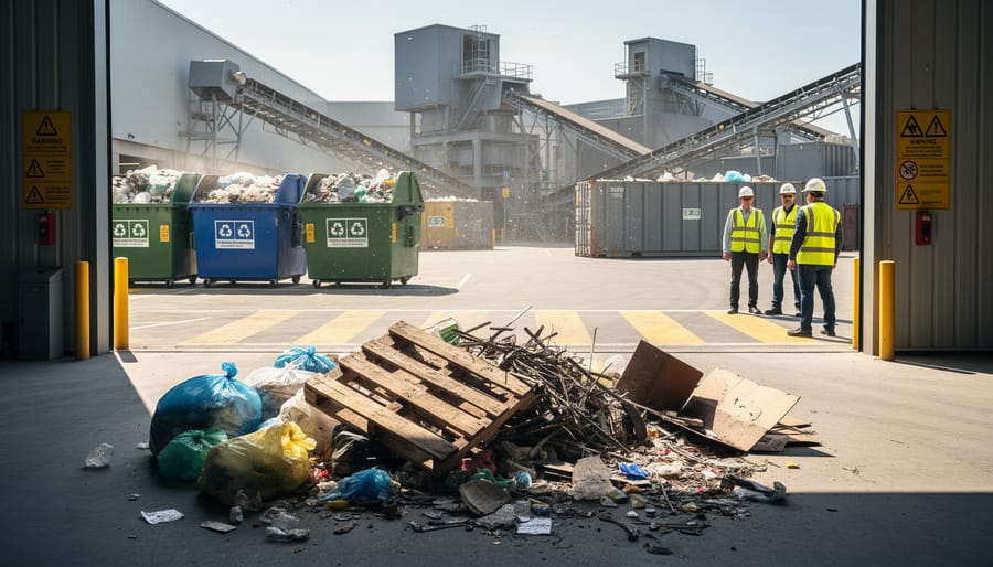 Low-angle view of litter and discarded items near an industrial recycling loading area