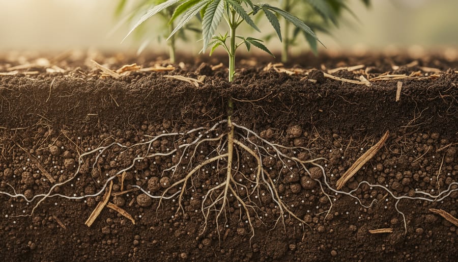 Macro close-up of dark soil with visible roots and organic material in a hemp-growing field.