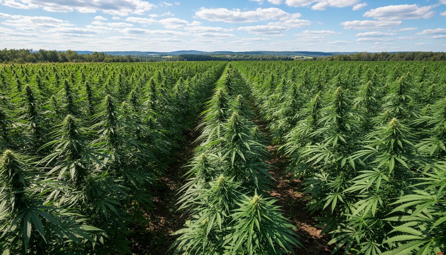 Wide view of healthy green hemp plants growing in a Canadian farm field under golden-hour light.