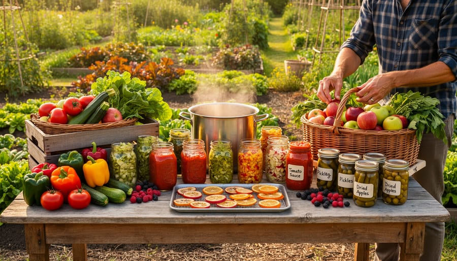 Backyard garden harvest with tomatoes and zucchini in a crate beside a compost bin in warm golden-hour light.