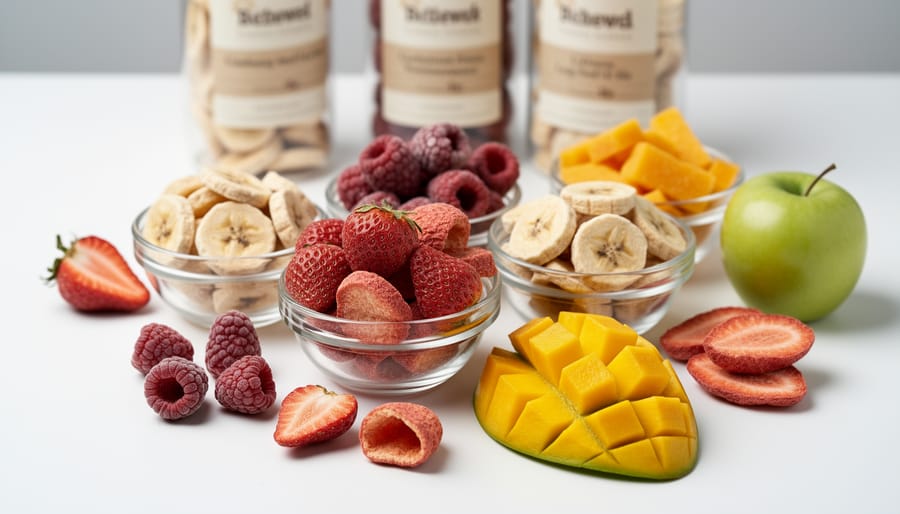 Close-up of freeze-dried strawberries and blueberries in a clear jar with crisp textured pieces.