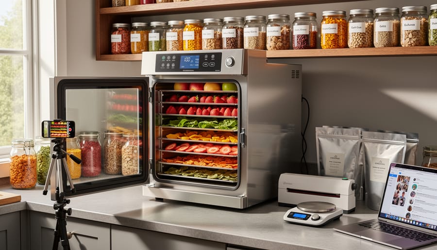 Person placing trays of produce into a stainless-steel home freeze dryer in a bright workshop.