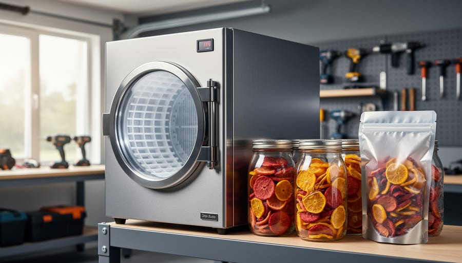 Home freeze-dryer in a workshop with stainless chamber and vacuum-sealed food jars and meal pouches nearby, illustrating at-home long-term food preservation.
