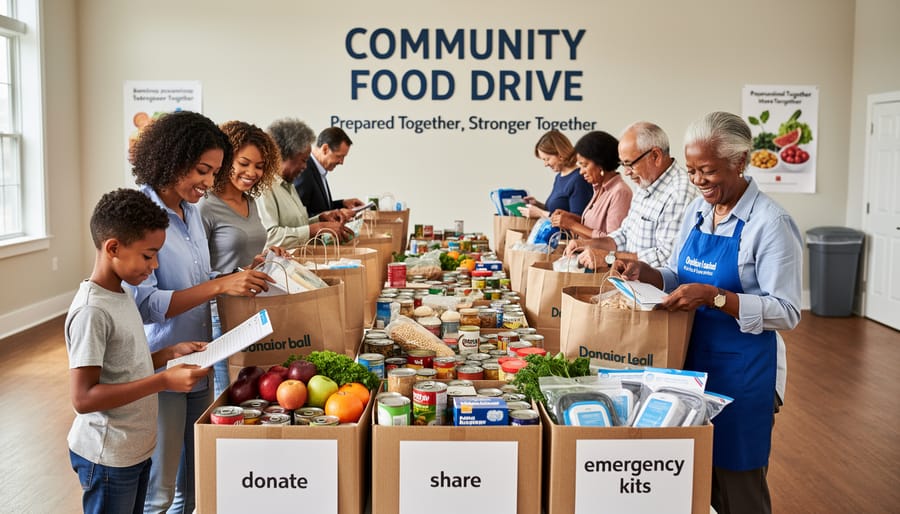 Volunteers placing sealed freeze-dried food supplies into a donation area at a local food bank