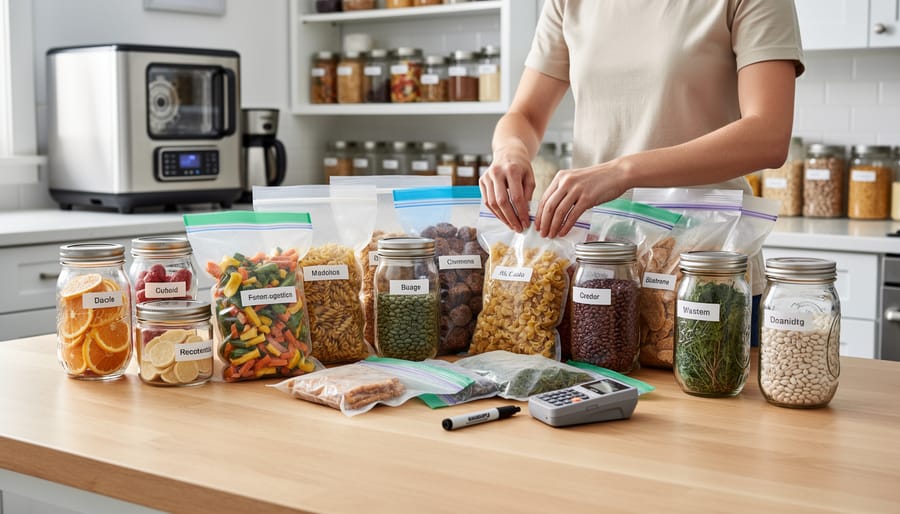 Hands organizing and sealing freeze-dried food into labeled food-grade storage buckets and bags