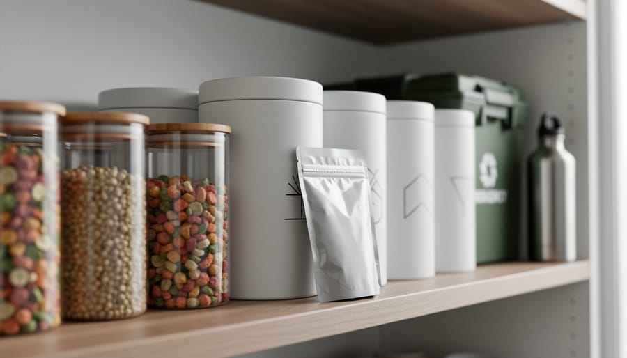 Freeze-dried food canisters and sealed pouches stored neatly on a cool, dry pantry shelf with a reusable water bottle in the background.