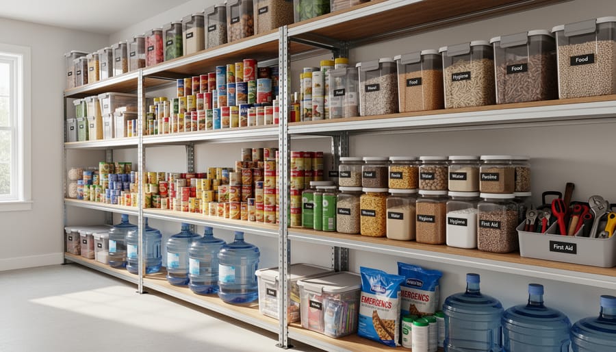 Pantry shelf with sealed freeze-dried food containers and oxygen absorbers neatly stored