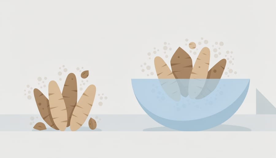 Cassava pieces soaking in clear water in a kitchen bowl
