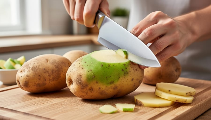 Close-up of a potato with green-tinged skin on a kitchen countertop