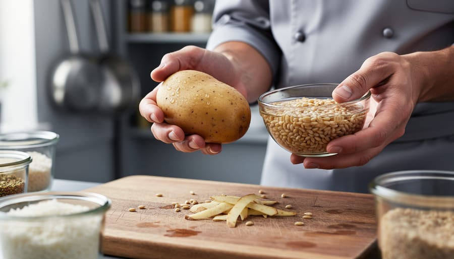 Close-up of a chef’s hands peeling a potato and placing it on a cutting board in a clean kitchen with other food-prep items in the background.