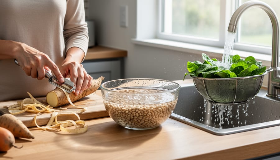 Person preparing food in a kitchen by rinsing beans and peeling vegetables